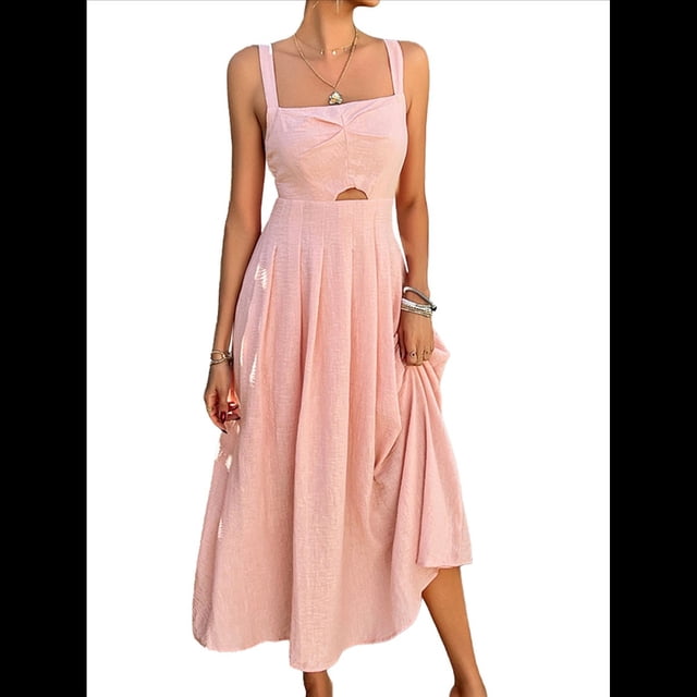 Robe Midi d'Été pour Femmes à Nouer devant, Boutonnée, Coupe Trapèze, Bretelles Spaghetti, Imprimés Floraux, Rose, M