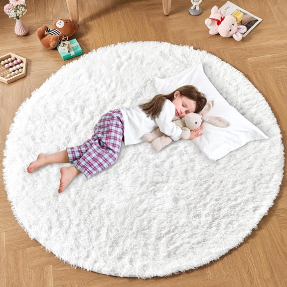 White Round Area Rug for Bedroom, Soft Shag Circle Rug 4x4 for Room, Fluffy Faux Fur Carpet for Home Decor, Circular Fuzzy Plush Rug for Living Room Playroom