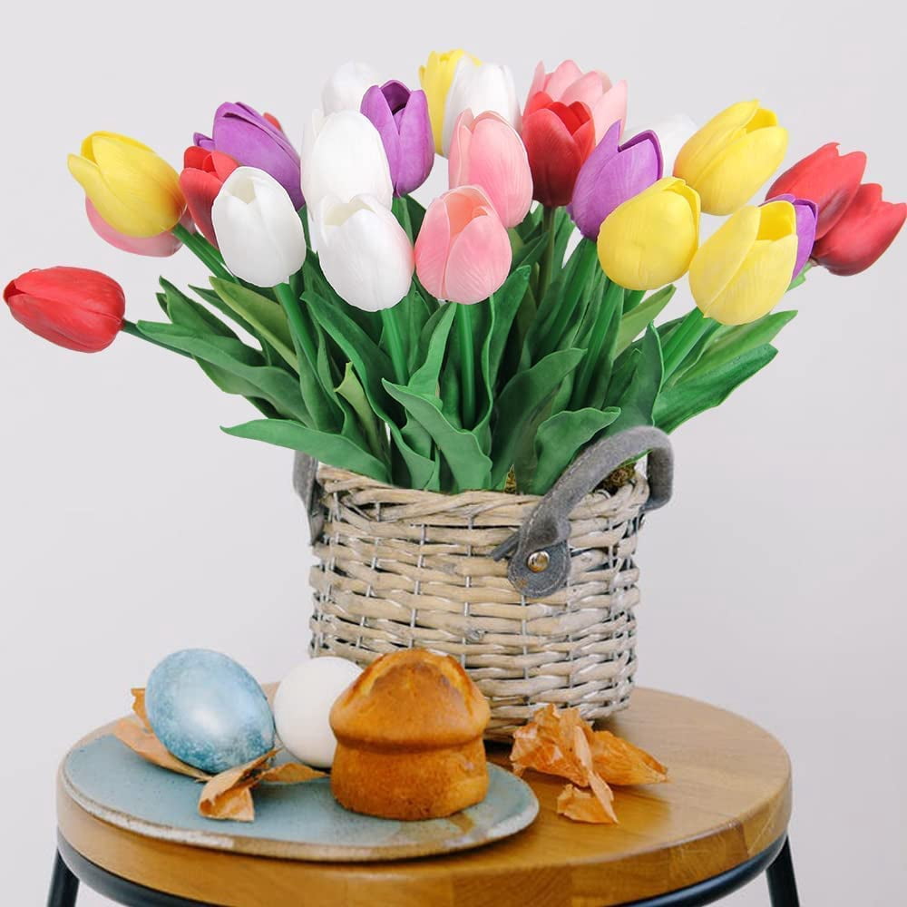 HAOSHICS 30pcs Artificial Tulips Flowers Fake Latex Tulip Stems - Real Touch Faux Colorful,for Easter Spring Wedding Bouquet Centerpiece Floral Arrangement Wedding Table Decor (Multi-color02)