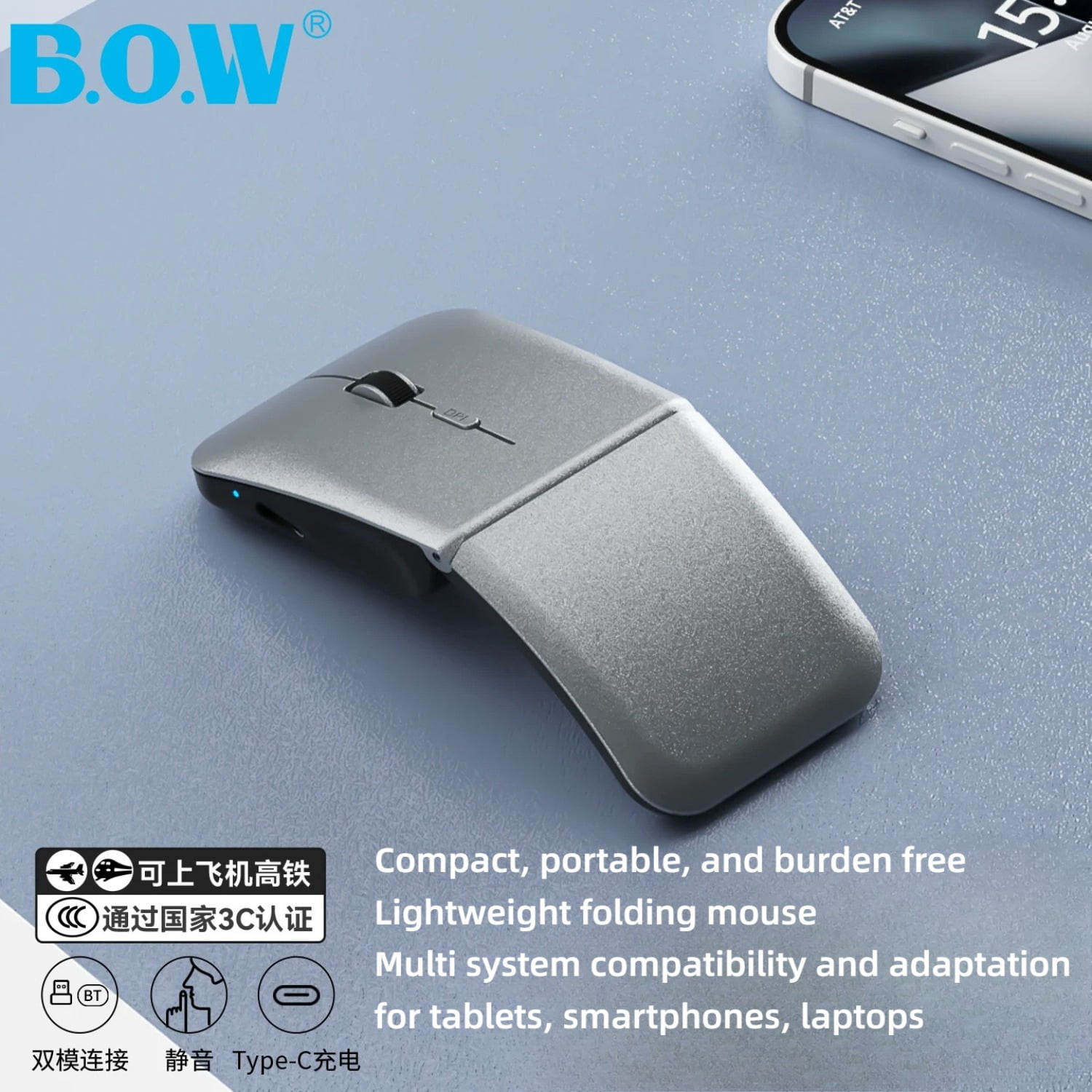 BOW Foldable Bluetooth Mouse, Portable Rechargeable Travel Mouse for Laptop MacBook Tablet Smartphone