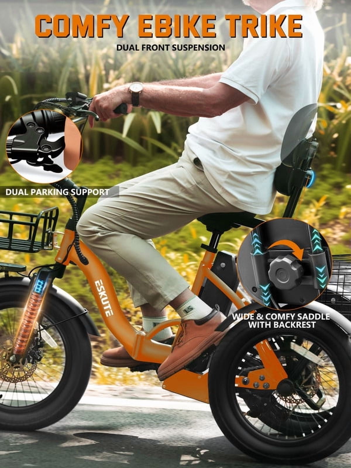 ESKUTE Electric Tricycle for Adults, 1200W Peak Motor, Up to 55 Miles Range, 624Wh Removable Battery, Folding 3-Wheel Ebike with 18x3.0 Fat Tires, Step-Through Orange, UL2849