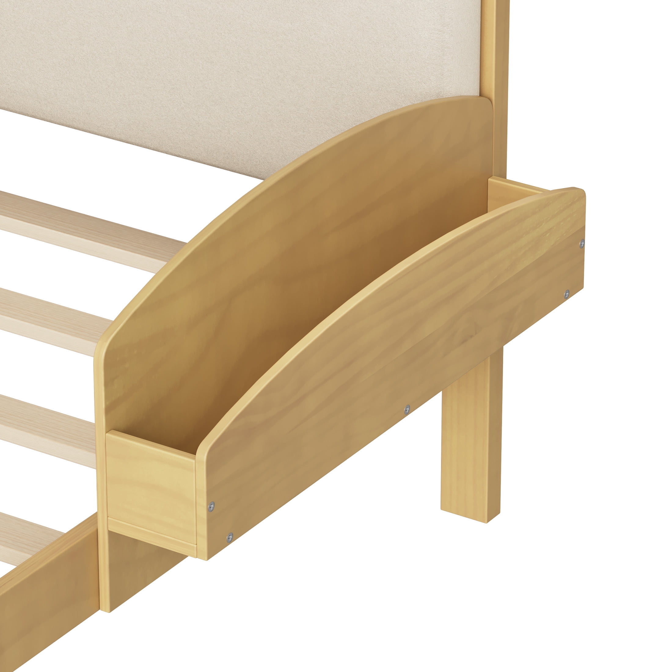 Noble House Full Size Platform Bed with Curved Padded Headboard, Side Storage Shelves, Natural