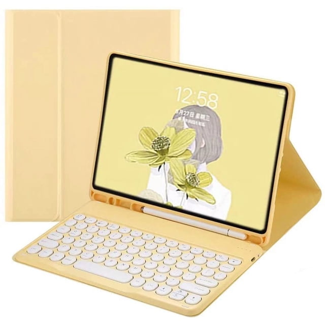 REQO Étui Clavier pour iPad 10e Génération 2022, Touches Rondes Rétro avec Aimants Détachables, Étui Clavier Sans Fil avec Porte-Crayon pour iPad 10 2022 (Jaune)