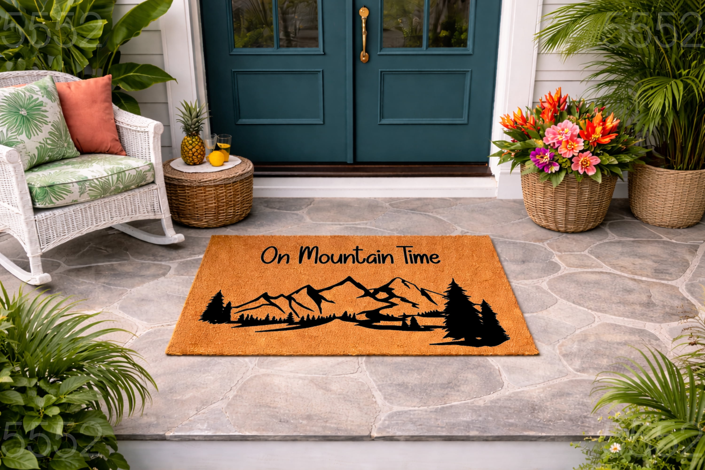 On Mountain Time Doormat, Funny Welcome Mat, Rustic Mountain Cabin Decor, Outdoor Entryway Door Mat, Housewarming Gift 5552 (24x36 inches) 5552