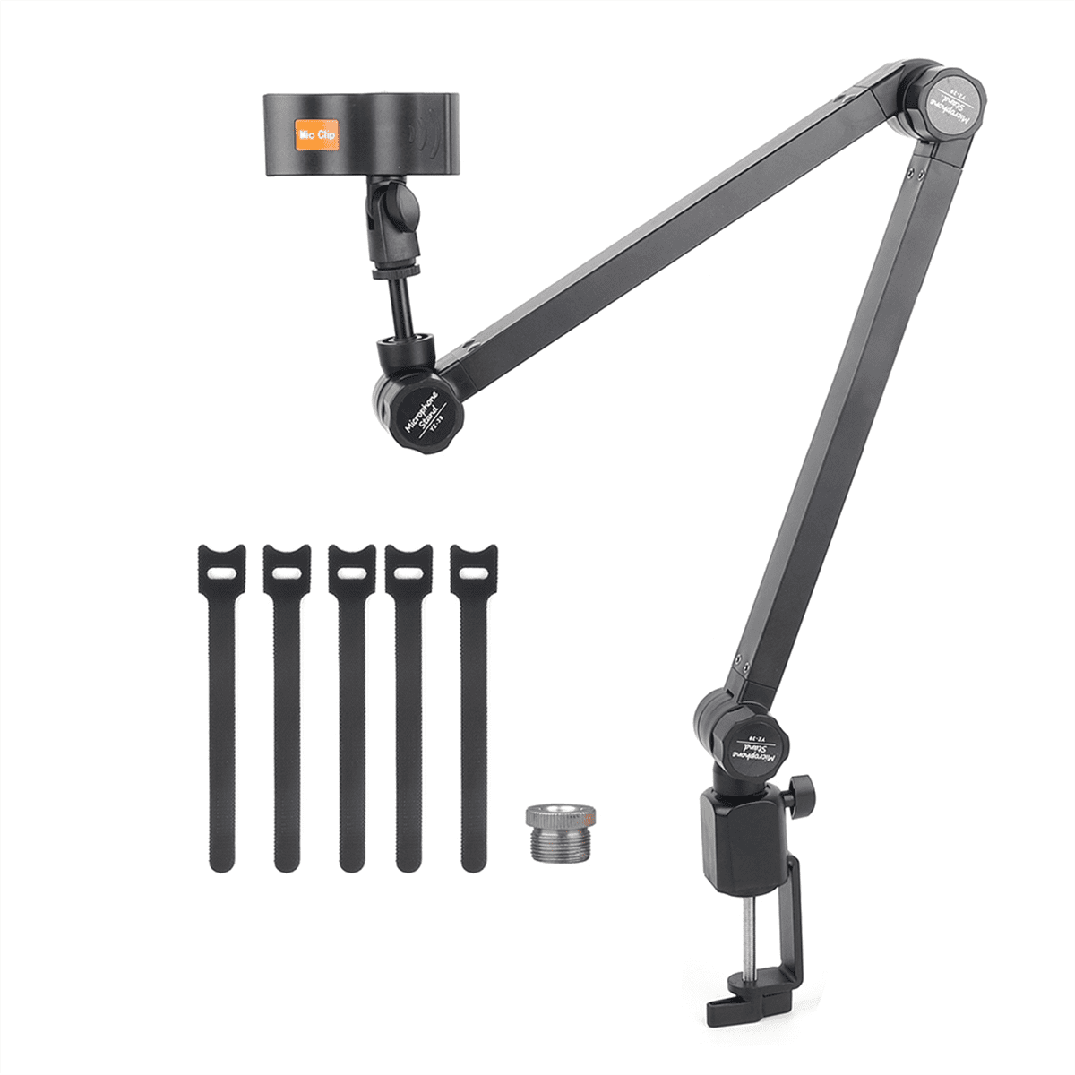 Foldable Microphone Holder Suspension Boom Scissor Arm Stand Holder with Mic Clip Table Mounting Clamp,1 x microphone boom stand 1 x desktop base 1 x microphone clip 1 x nut 5 x Nylon buckle,Black