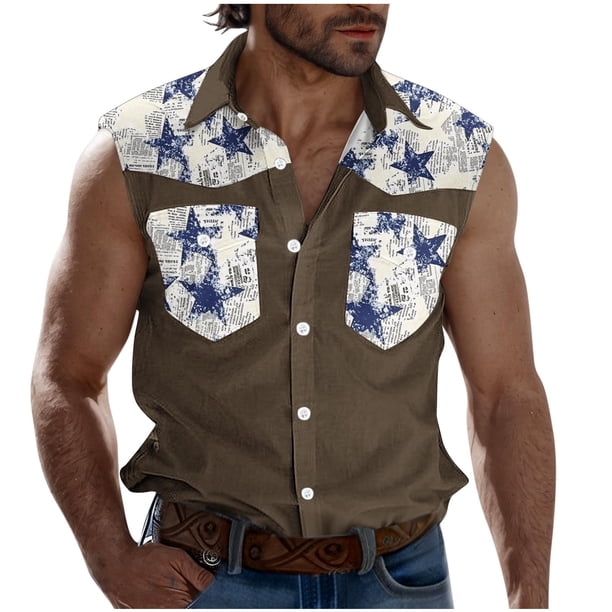 Camisas de Cuello para Hombres, Moda Casual Día de la Independencia Imprimir Turndown Bolsillos sin Mangas Tanque Deportivo