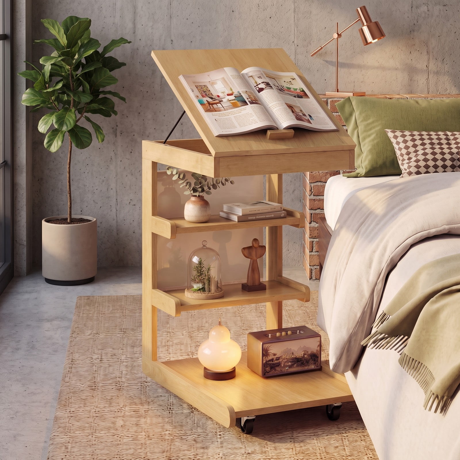 Furnibear C Shaped End Table with Wheels and Adjustable Tilt Desktop, Rolling Sofa Side Table with Hidden Storage and 3 Open Shelves for Couch Bedside Living, Natural