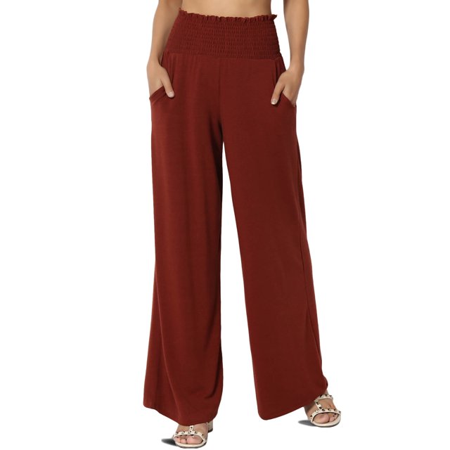 TheMogan Women's S~3X High Rise Smocked Elastic Waist Pull On Wide Leg Lounge Pants
