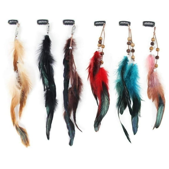 WeiDongzhuo 6 Pcs Handmade Feather Hair Clip Extensions Tribal Headdress with Braided Beads for Women