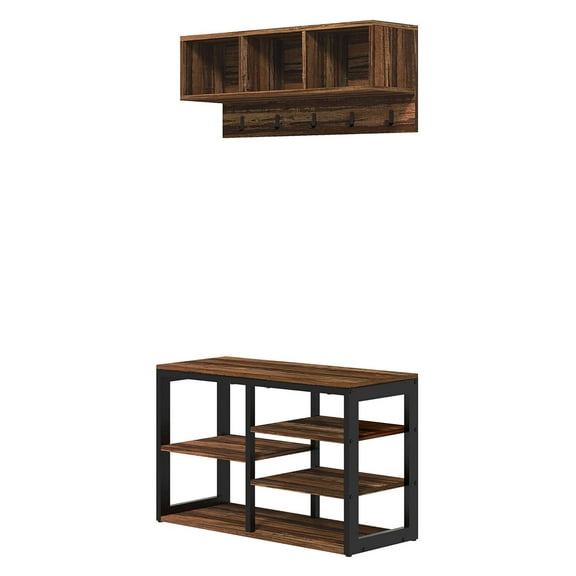 COCOKUN Entryway Hall Tree Set, 5-Hook Coat Rack and Shoe Bench with Storage for Up to 10 Pairs of Shoes, All-in-One Organizer for Hallway, Mudroom, Foyer, Brown