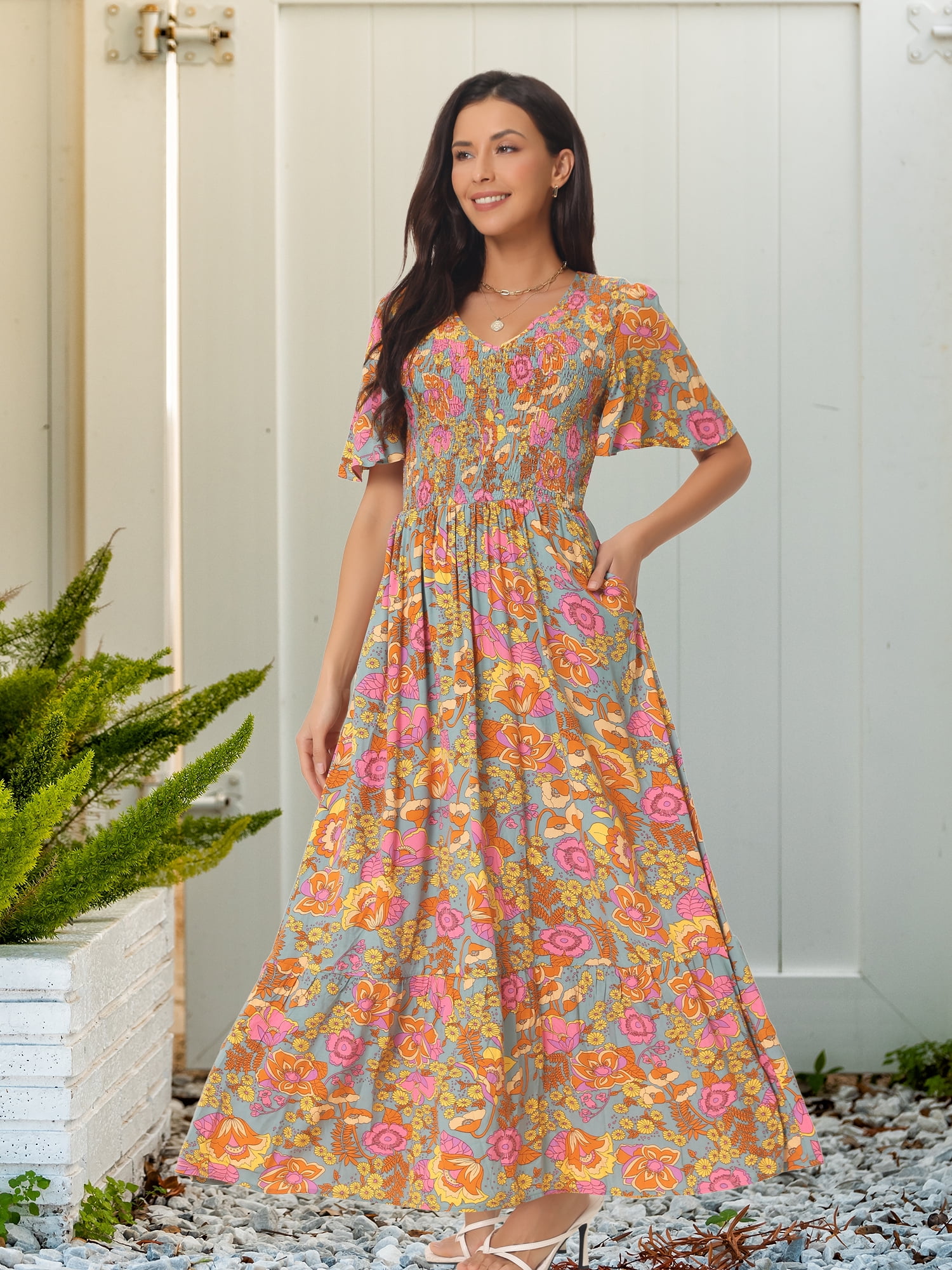 DARING DIVA Short Flutter Sleeve Smocked Flowy Maxi Dres XL Grey Green