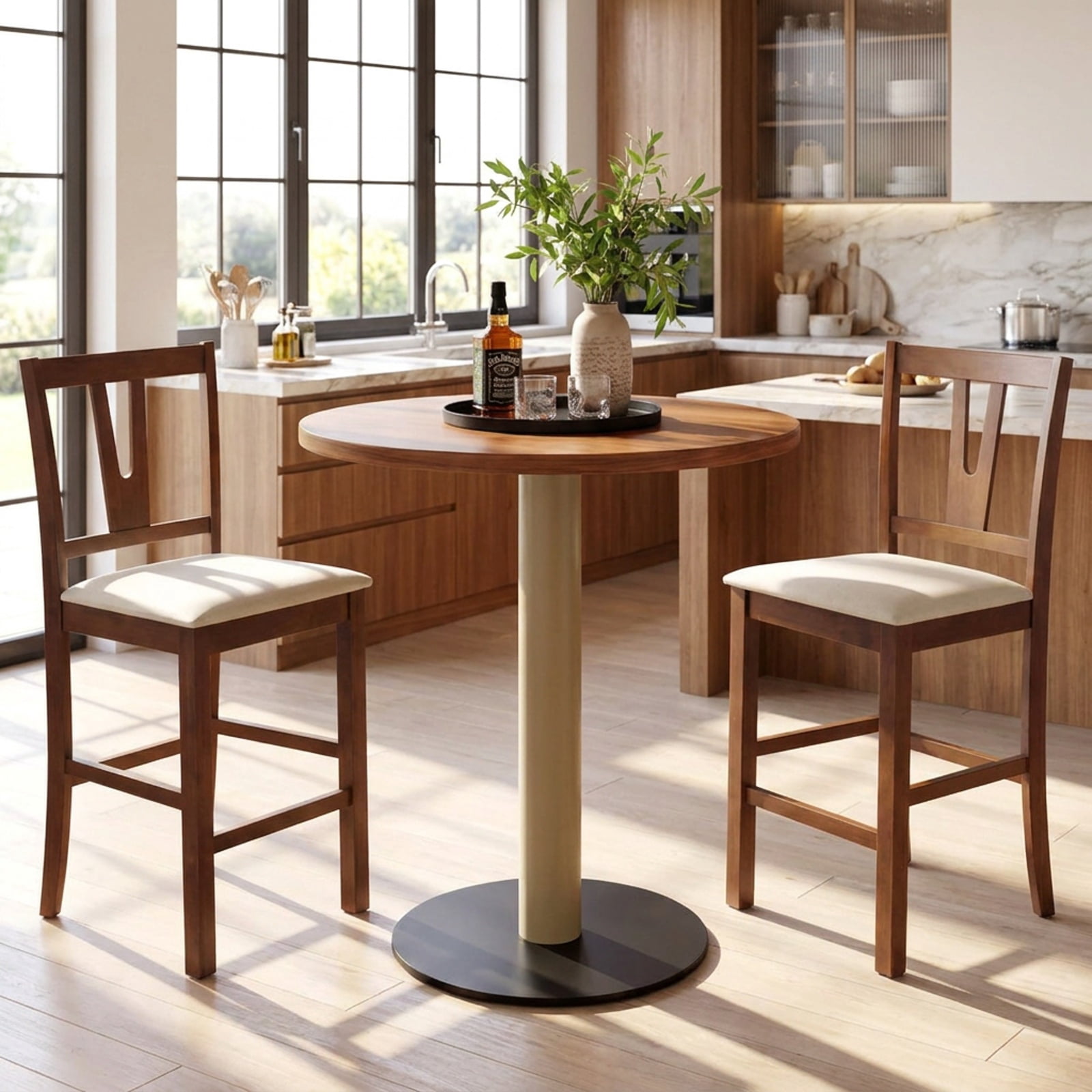 Furnibear Counter Height Bar Stools with Contoured V-Back-Set of 2 for Kitchen Island Counter Bar Pub Dining Home, Walnut