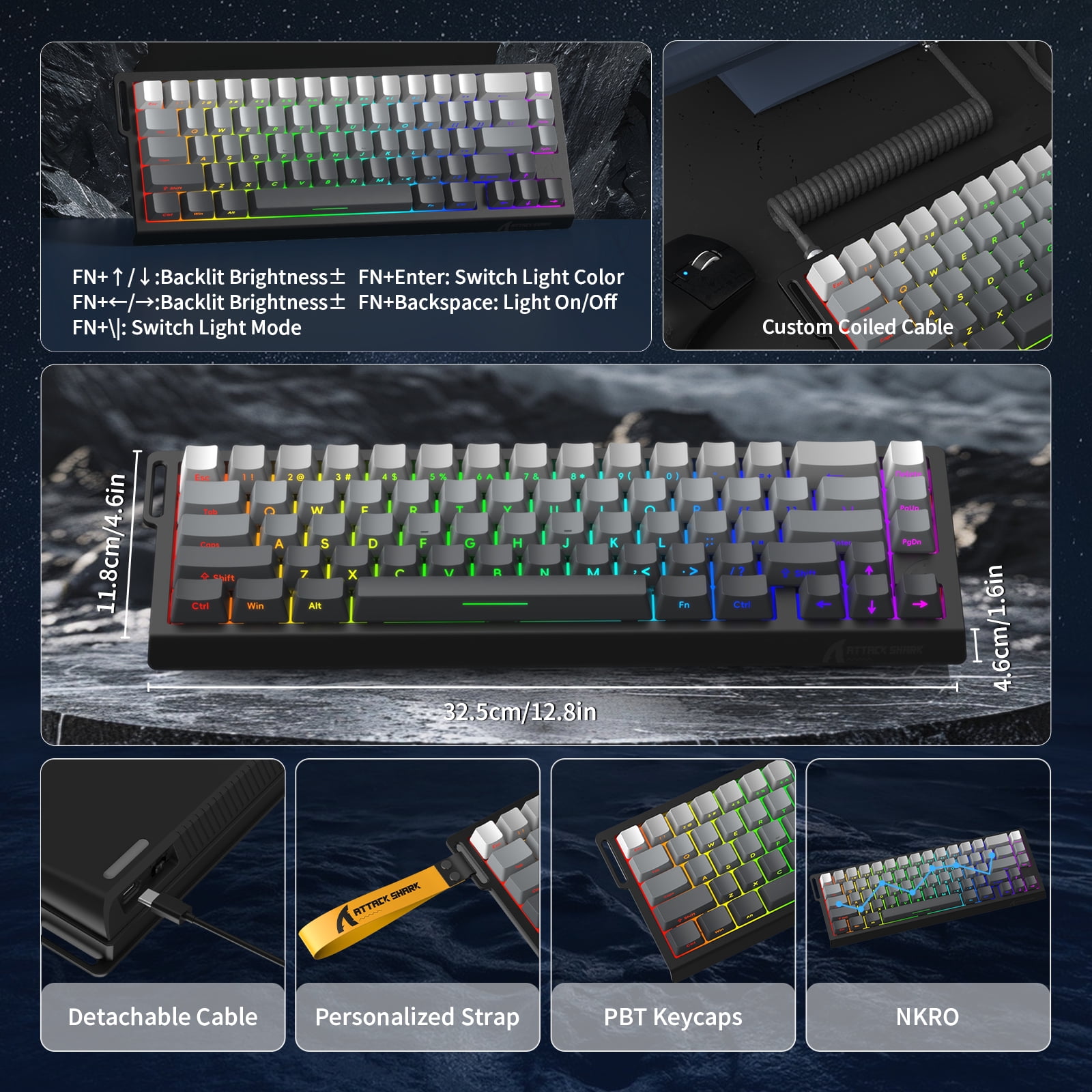 ATTACK SHARK X68 HE Rapid Trigger Keyboard Magnetic Switch 60% Wired 8KHz Magnetic Keyboard With 0.01mm RT Accuracy, Support RT/Snap Tap/DKS/MT/TGL