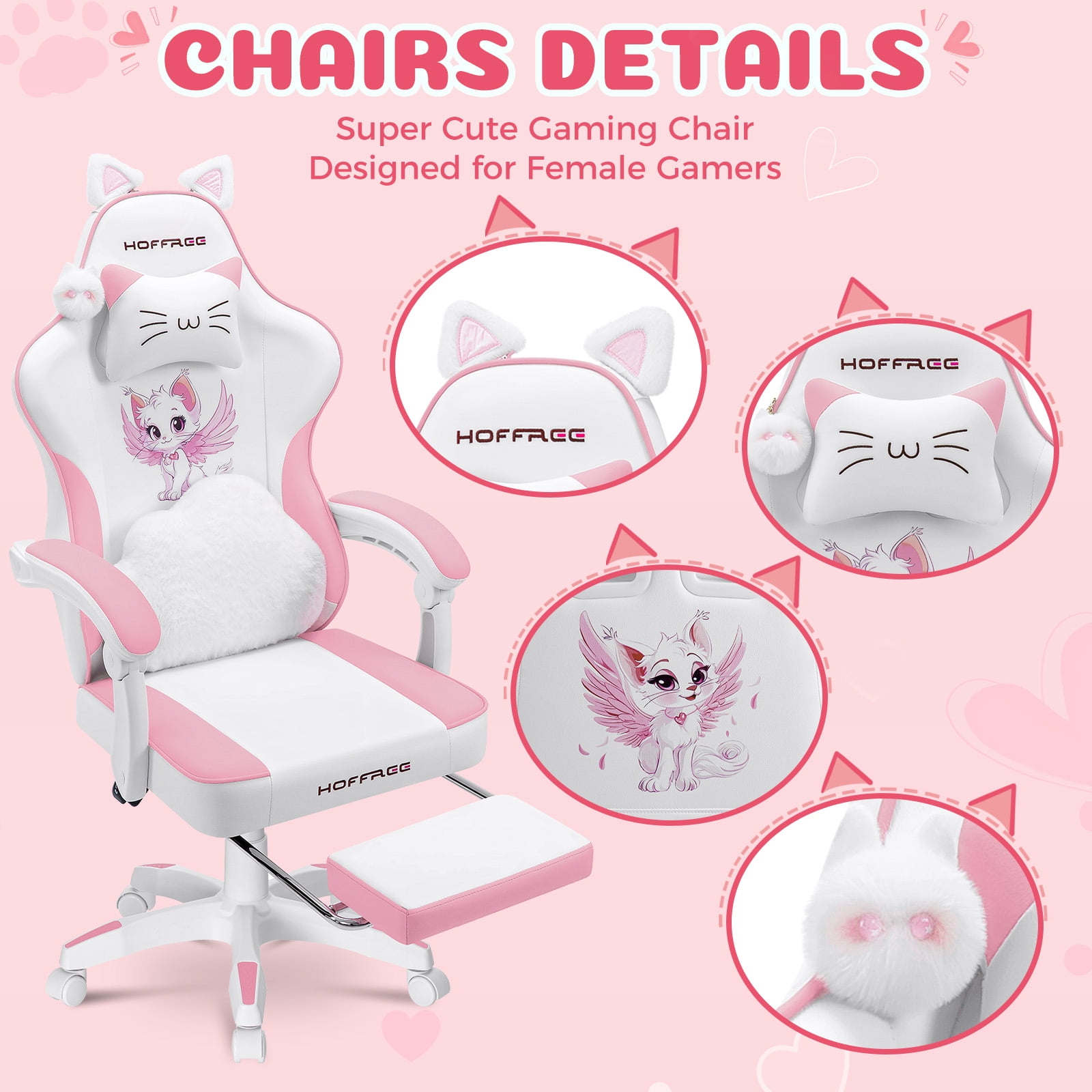 HOFFREE Gaming Chair for Girls with Cat Ears and Cloud Massage Lumbar Cute Computer Chair with Footrest Comfortable Reclining Game Chairs for Adults Teens Women Pink and White