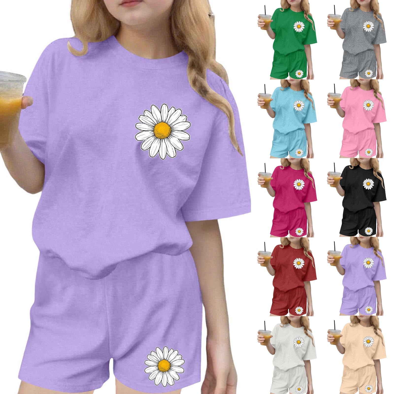 Tween Girls&rsquo; Summer Outfit Big Kids&rsquo; Short Sleeve T-Shirt and Shorts Two-Piece Casual Set Beige 9-10Years