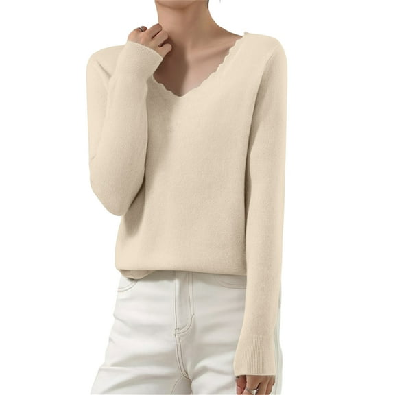 WTOBBY Women's Casual Lace V-Neck Base Layer Sweater, Knitted Long Sleeve Solid Color Top with Feminine Details, Ideal for Layering and Style,Beige L