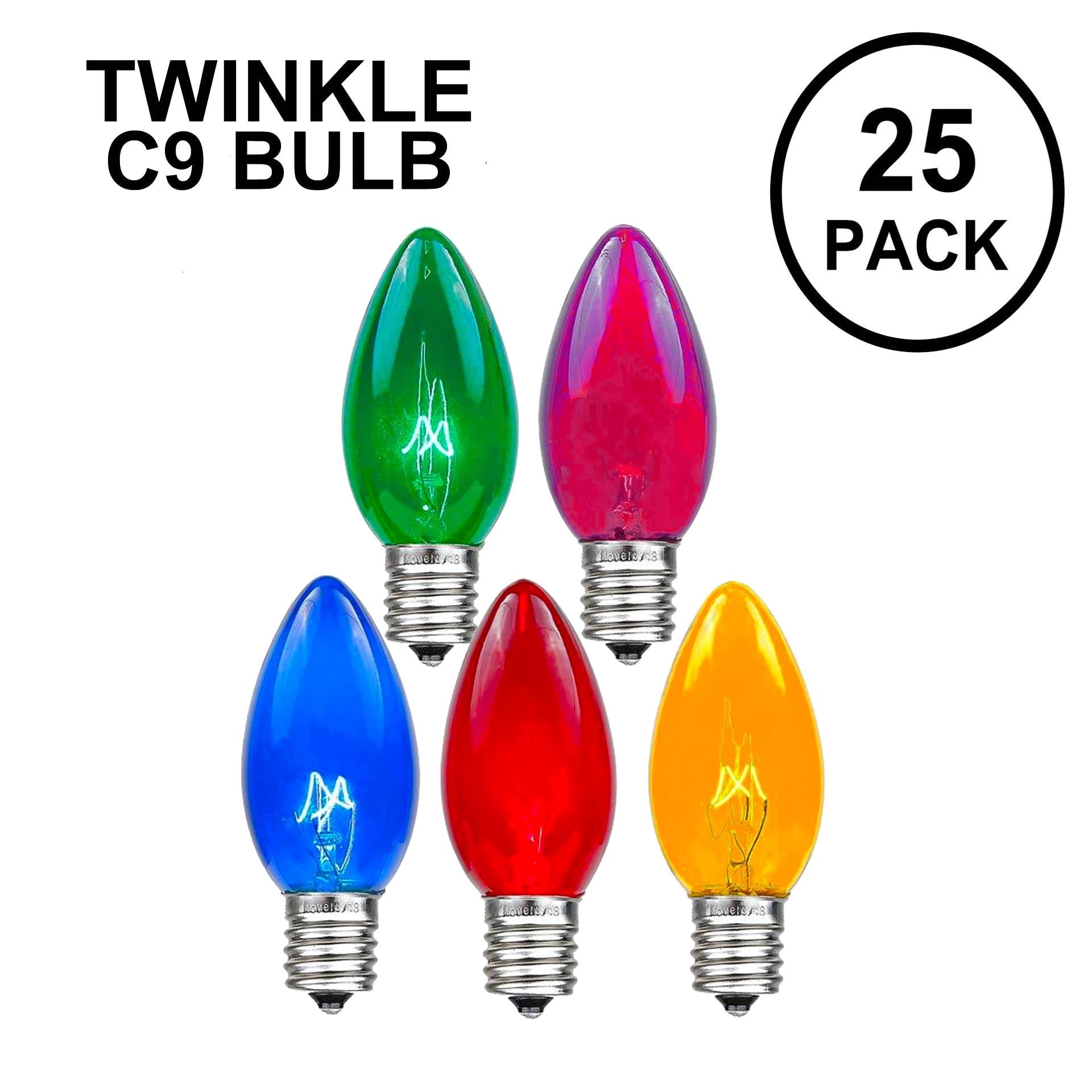 Novelty Lights Twinkle Multicolor C9 Incandescent Traditional Vintage Christmas Replacement Bulbs 25 Pack