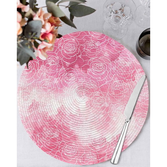 13 Inch Round Placemats Set of 4, Valentine's Day Non Slip Heat Insulation PP Table Mats, Watercolor Roses Floral Ombre Romantic Washable Place Mats for Kitchen Dining Party Table Decor