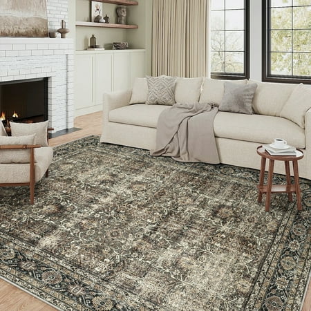 BERTHMEER 10 x14 Large Vintage Area Rugs for Living Room Bedroom Office Dining Room Farmhouse Rugs Non-Slip Traditional Distressed Oriental Rugs Brown
