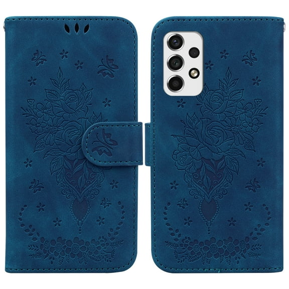 SaniMore for Samsung Galaxy A33 5G PU Leather Case, Magnetic Closure Flip Wallet Embossed Cover with Wrist Strap Card Slot & Multi-Angle Kickstand Shockproof Protective Shell, Blue
