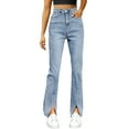 thumbnail image 5 of ManxiVoo Women Split Hem Jeans Elastic Straight Leg High Waist Flared Trousers Versatile Denim Pants M Size Light Blue, 5 of 7