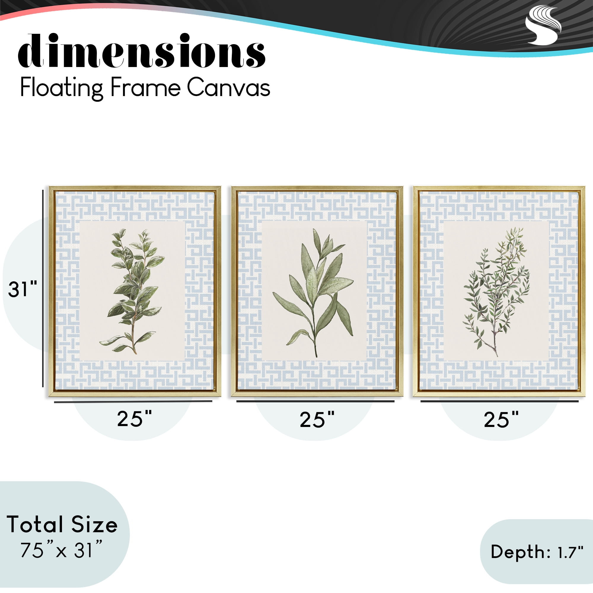 Stupell Industries Kitchen Herbs on Geometric 3 Piece Gold Framed Floater Canvas Set, design by Diannart