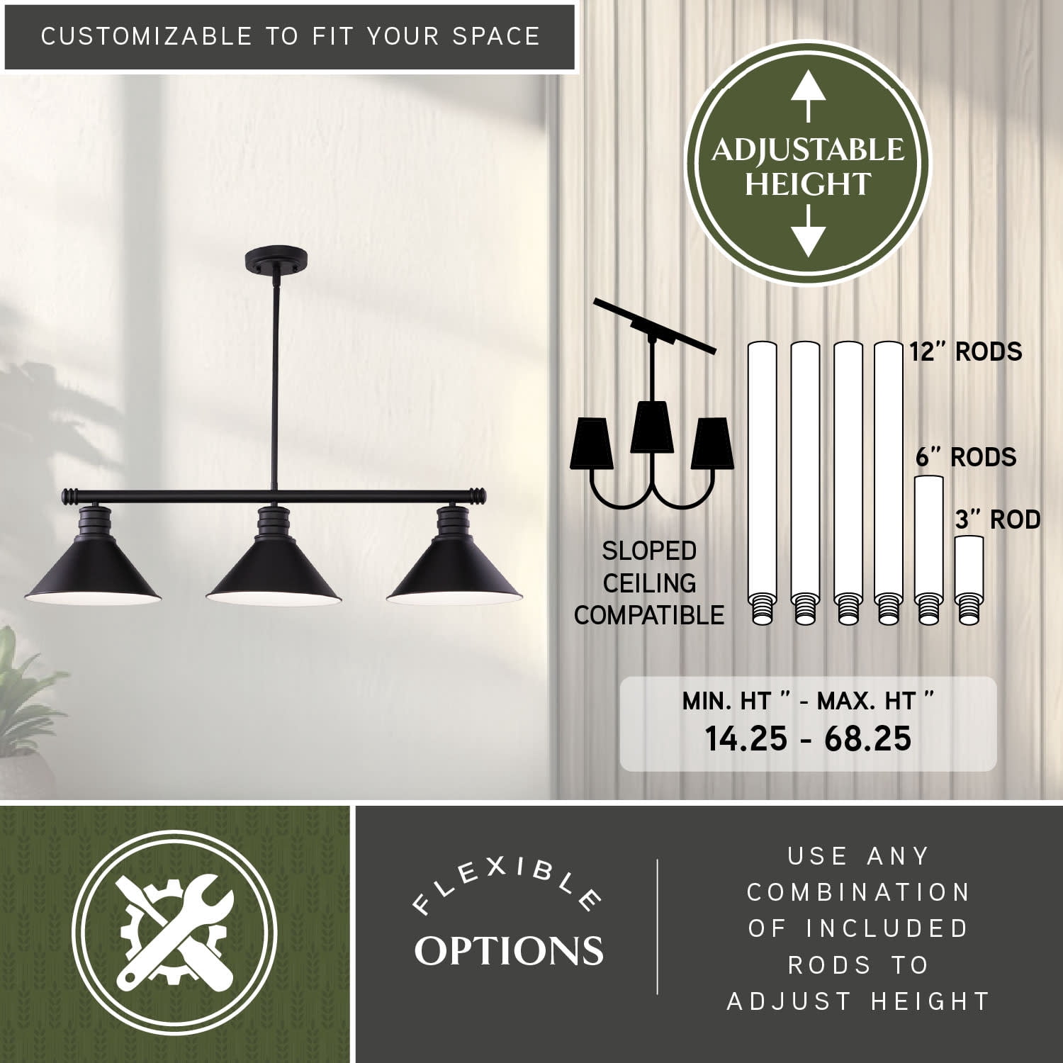 Akron 3L Bronze Farmhouse Linear Chandelier Island Pendant Fixture Pool Table Light