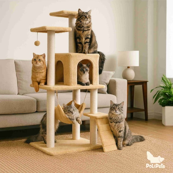 Mueble Rascador Multinivel con sisal y cueva para Gatos Poli Pets Persa Color Beige Ideal para Espacios Pequeños.