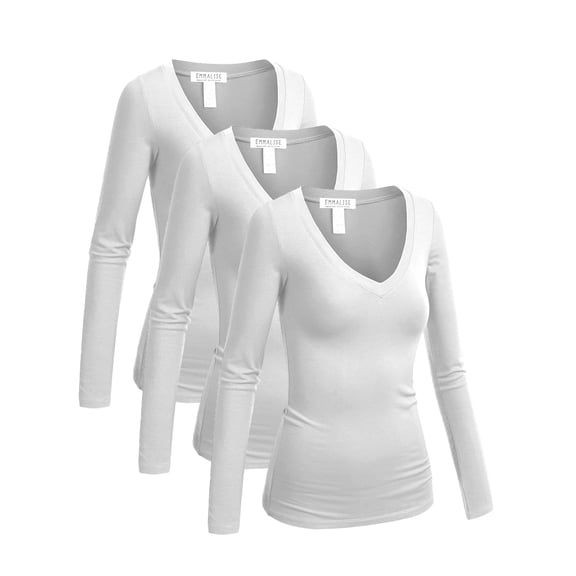 Emmalise Women's Junior amd Plus Size Vneck Tshirt Long Sleeves Shirt Tee, Medium, 3Pk White, White, White