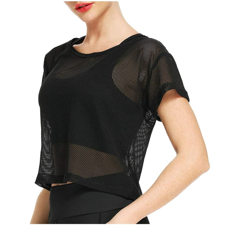 Moonker Womens Workout Tops Sleeve Net Tee Shirt Top Sheer Mesh L Black  Fishnet Crop Short 
