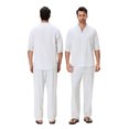 thumbnail image 2 of FOCUSNORM Men's Summer Outfits Solid Color V-Neck Half Sleeve Tops with Drawstring Long Pants Cotton Linen Set, 2 of 9