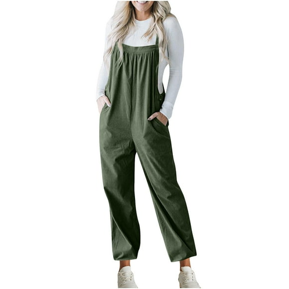 Womens Racerback Overalls Spring Casual Corduroy Pants Women Wide Leg Long Rompers Jumpers Pocket Fall Outfits, Army Green, M