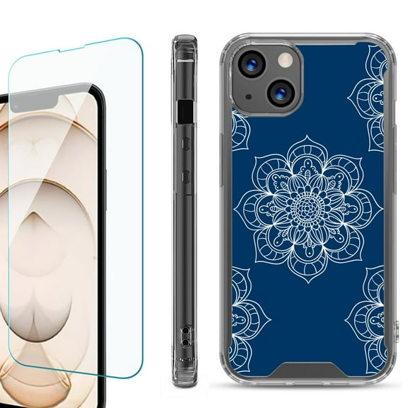 Shockproof Bumper Phone Case for iPhone 13, with Tempered Glass Screen Protector, by OneToughShield ® - Mandala / Blue
