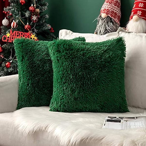 Eryueer Pack of 2 Faux Fur Christmas Cushion Covers Fluffy Soft Decorative Square Pillowcase Plush Case Faux Fur Throw Pillow Cover For Livingroom Sofa Bedroom 16x16 Inch 40x40cm 16"x16" Dark Green