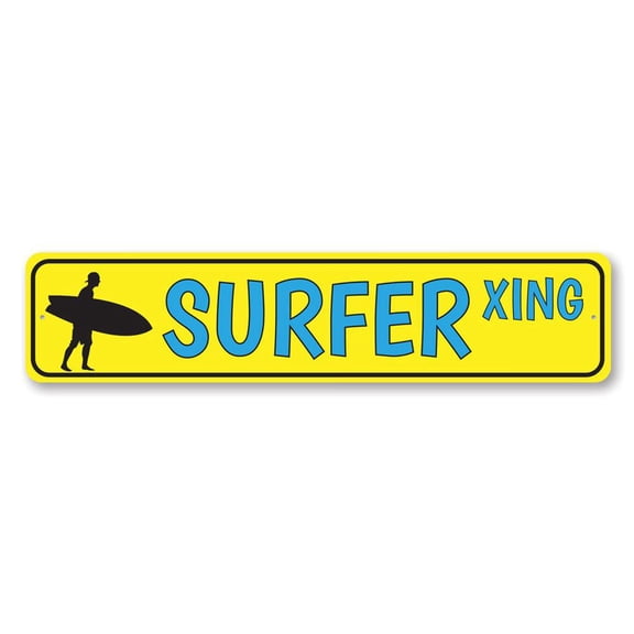 Surfer Xing Sign, Custom Surfer Dude Sign, Surf Lover Crossing Beach House Decor, Beach Street Aluminum Sign - 4x18 inches