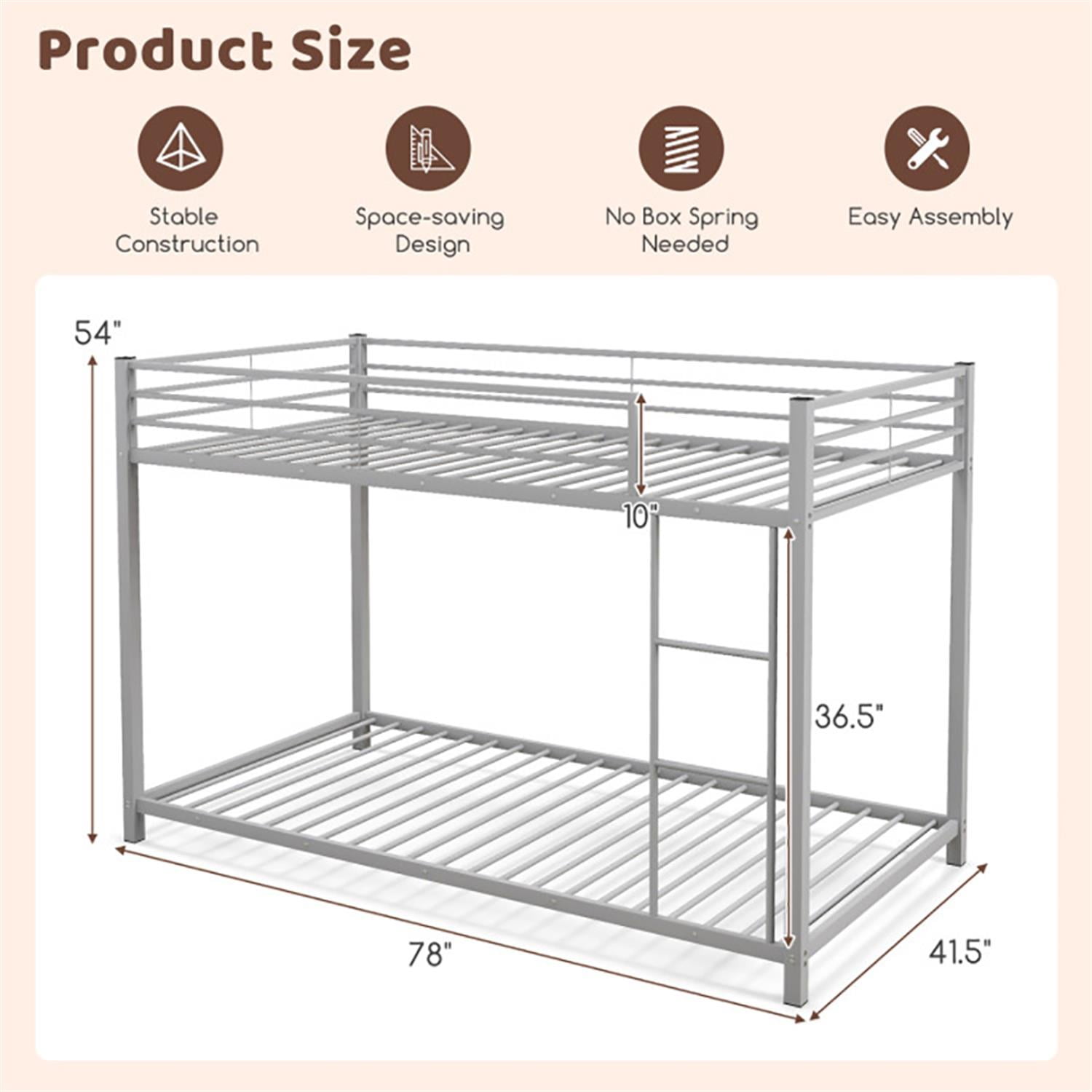 Demi Bonn Low Profile Twin Over Twin Bunk Bed with Full-length Guardrails, Sturdy Metal Twin Bunk Beds, Bed Frame, Silver
