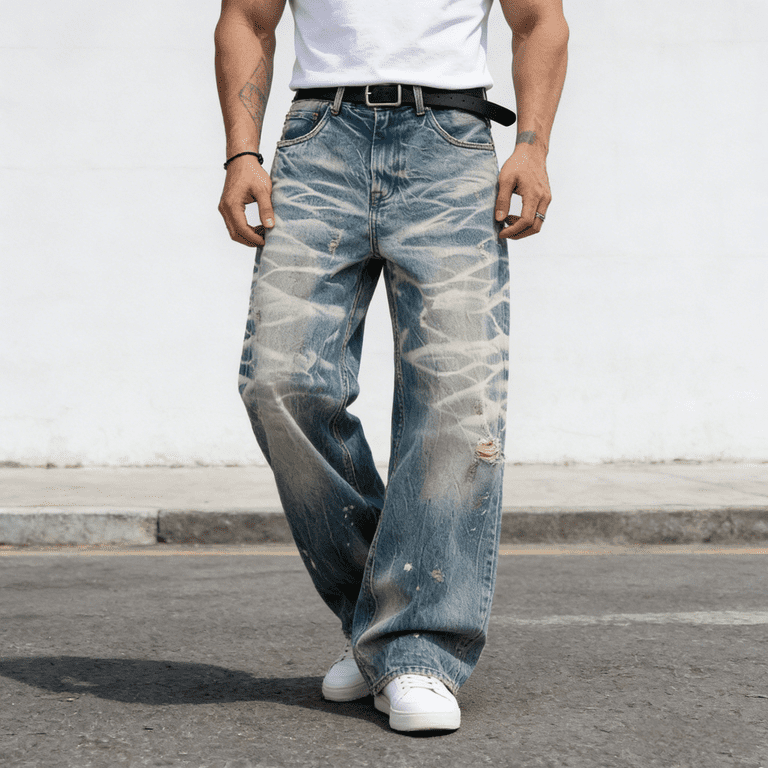 Men's 100% Cotton Non-Stretch Baggy Jeans - Marble Bleach Wash