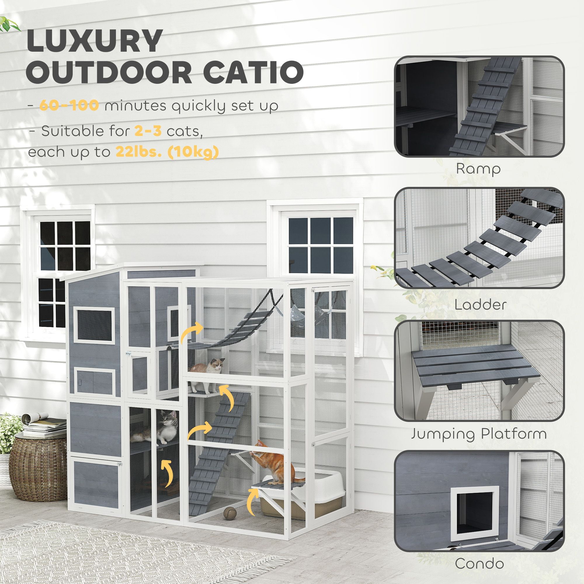 PawHut Large Outdoor Catio Enclosure, 76"W x 67.9"H Gray Fir Wood Cat Patio with 4-Tier House, Ramps, Hammock & Platforms for Backyard, Garden, and Secure Pet Play Space