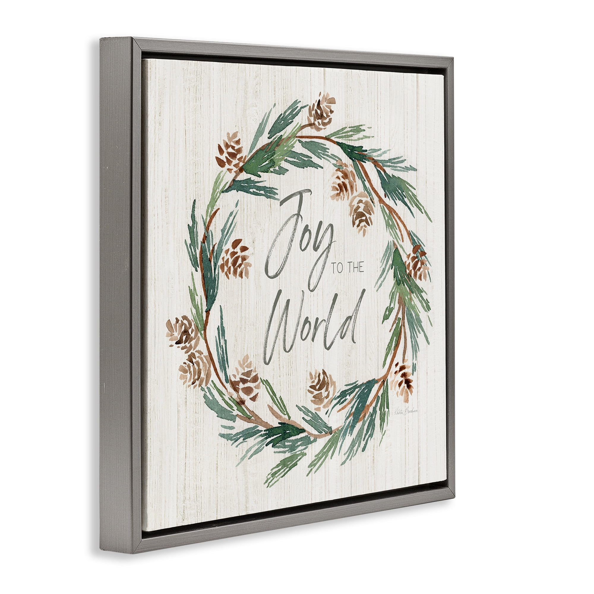Stupell Industries Joy Pinecone Wreath Holiday Painting Gray Floater Framed Canvas Art Prints Wall Art, 25 x 25