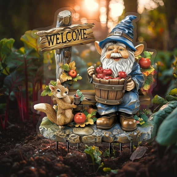 Funny Gnomes Garden with Squirrel and Fruit Outdoor Statues,12 Inch Christmas Dwarves 2D Acrylic Sculpture Decoration for Lawn Patio Outside Yard Decor Novelty Housewarming Gift