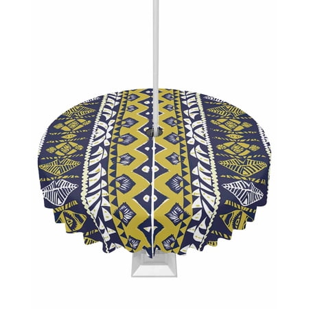 Ethnic Tribal Abstract Pattern Round Tablecloth with Zipper Waterproof Table Cloth with Umbrella Hole Patio Tablecloths for Outdoor Tables Yellow Dark Blue Retro Lines Washable Spillproof Table Cover