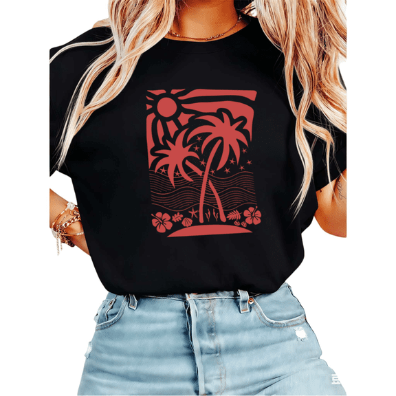 UNISHE Women's Tropical Palm Tree Beach Graphic Short Sleeve T-Shirt Casual Cotton Crewneck Top