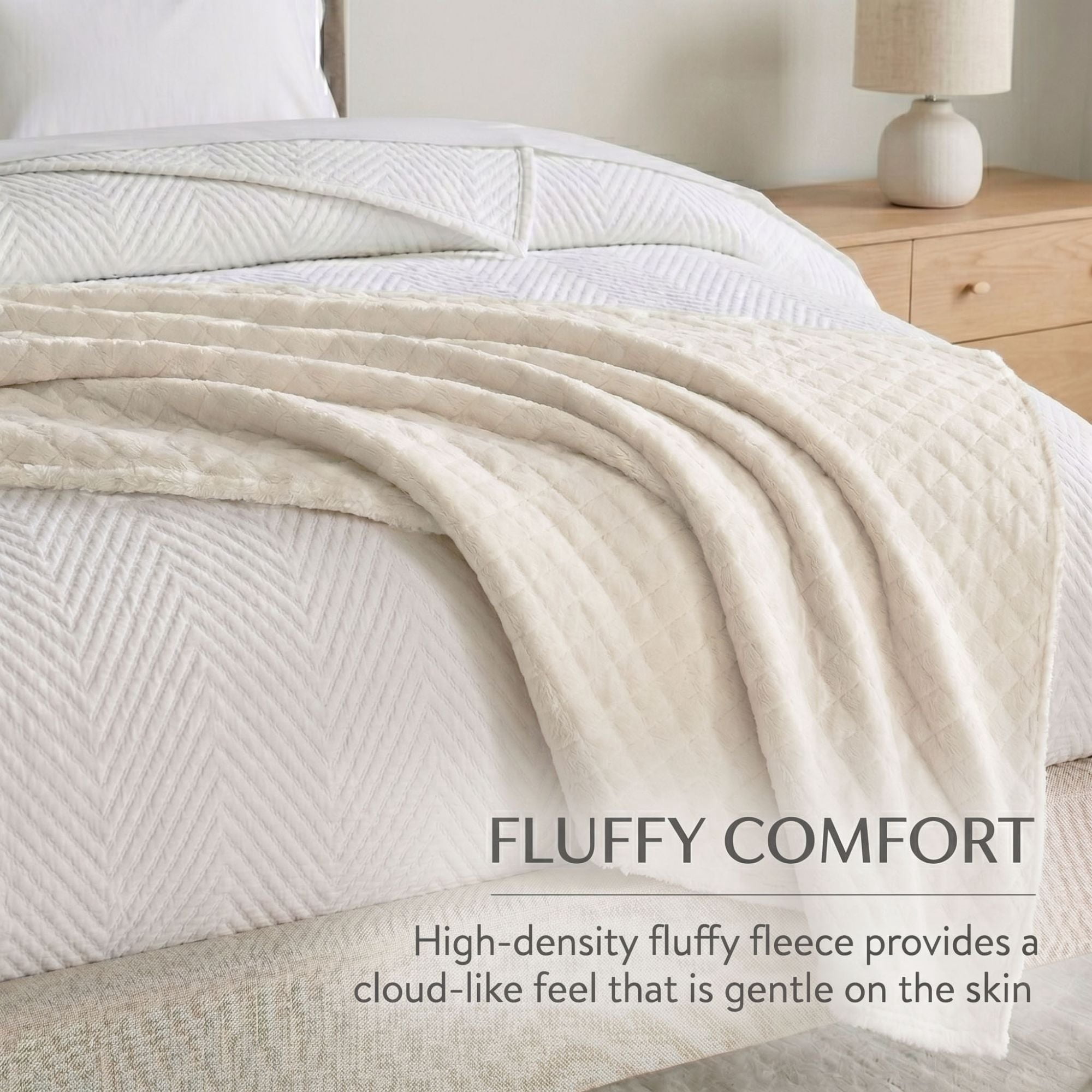 Superior Holly Grid Fluffy Fleece Blanket, Twin XL Size, Ivory