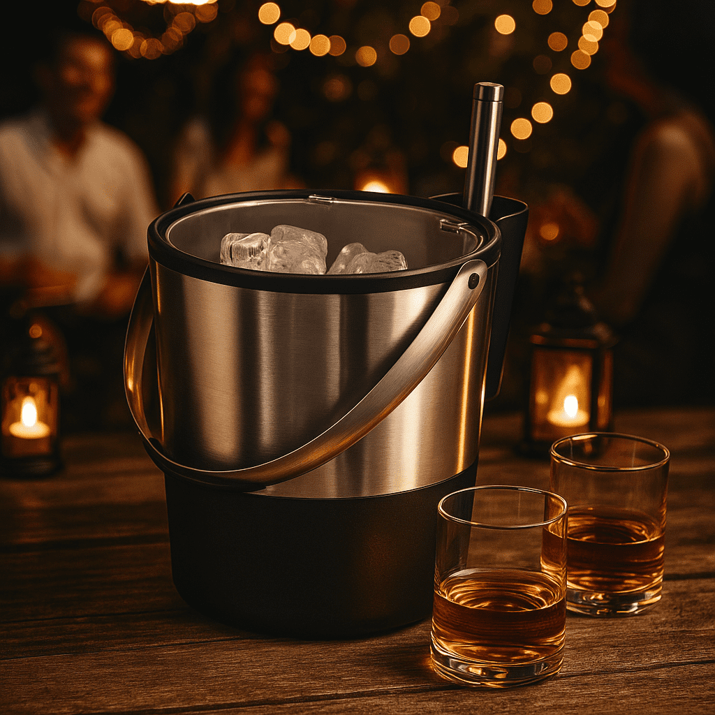 Oggi Ice Bucket with Flip Top and Ice Scoop, Large 4 Qt Capacity, Stainless Steel & Black Model
