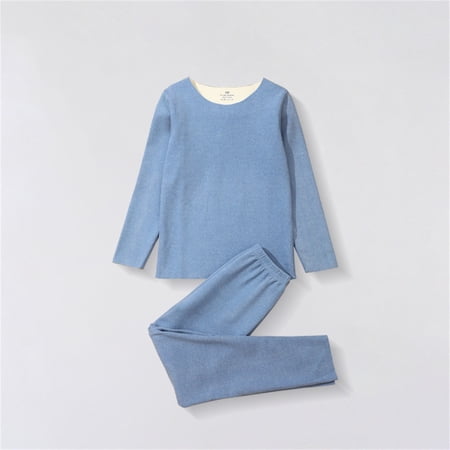 PInxai Fall Clothes for Kids Thermal Underwear Matching Sets Girls Boys Solid Color Round Neck Comfy Tops Elastic Waisted Pants Blue 4 Years