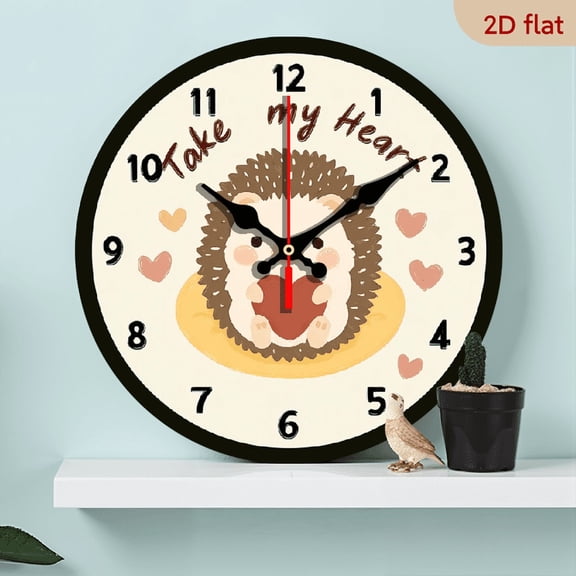 2D Flat 1pc 10Inch Wooden cute hedgehog pattern silent modern clock with no ticking sound, battery-powered - analog small classic black frame high-definition suitable for office, home, bathroom