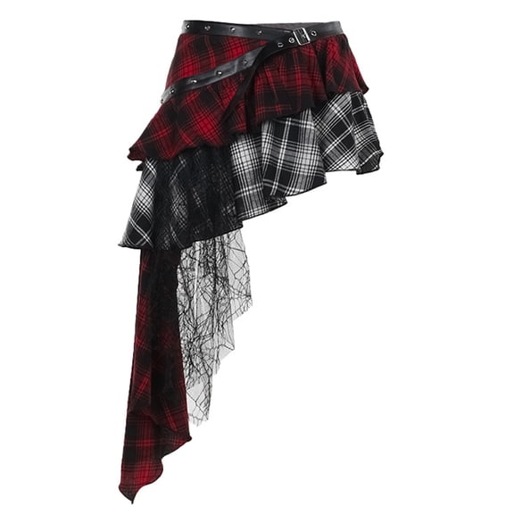 Dark Punk Plaids Print A Line Short Skirt for Women High Waist Eyelets Belt Tiered Pleated Asymmetrical Skirt Streetwear