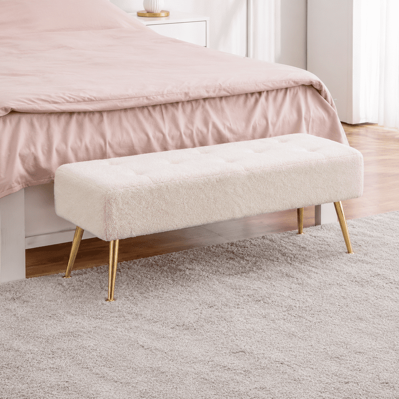 Modern Upholstered Bedroom Bench, 44.75" Tufted Ottoman Bench with Gold Metal Legs, End of Bed Bench, Entryway Shoe Bench, Narrow Space Accent Seating, 285 lbs Capacity, Sherpa,White