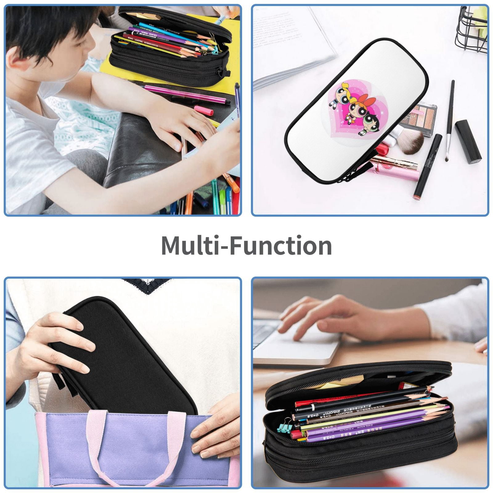 The Powerpuff Gi-rls Pencil Case Large Capacity Pencil Pouch Penbag Office Stationery Organizer Travel Makeup Bag Black