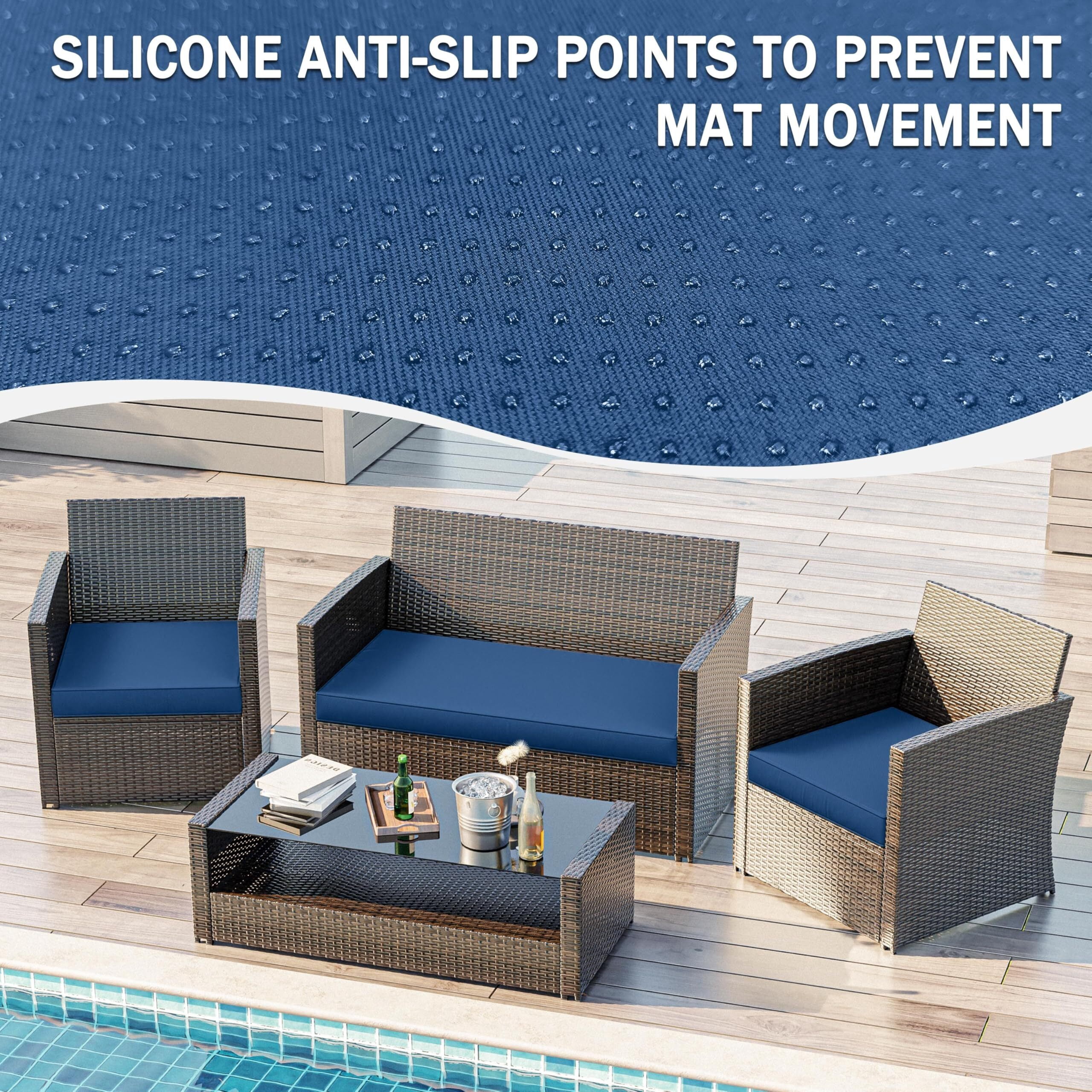 Kimunuk 3 Piece Wicker Chair Cushions, Waterproof Patio Loveseat Chair Cushions Set for Outdoor Indoor Furniture, Blue